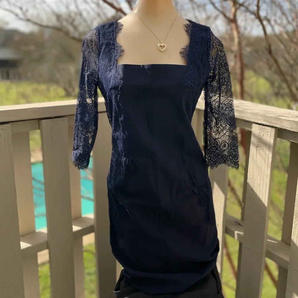 Missmay Retro Gorgeous City Stretchy Navy Blue Lace Bodycon Dress size medium* - Picture 4 of 15